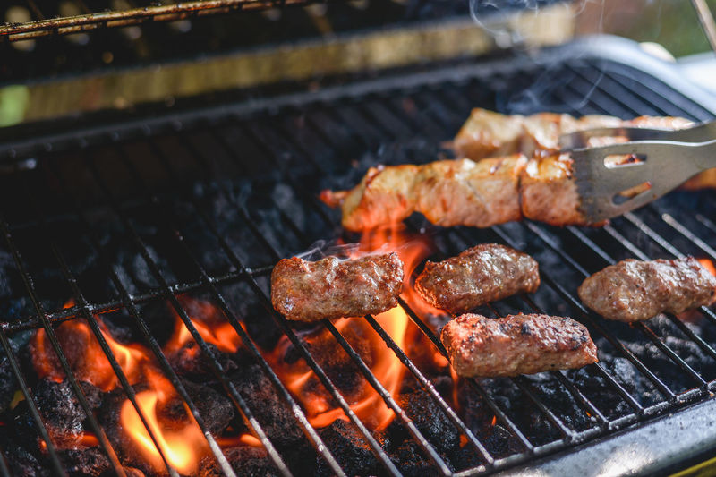 Close-up of meat on barbecue grill
