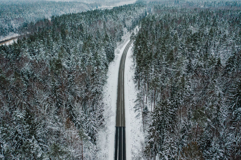 High angle view of snow covered road