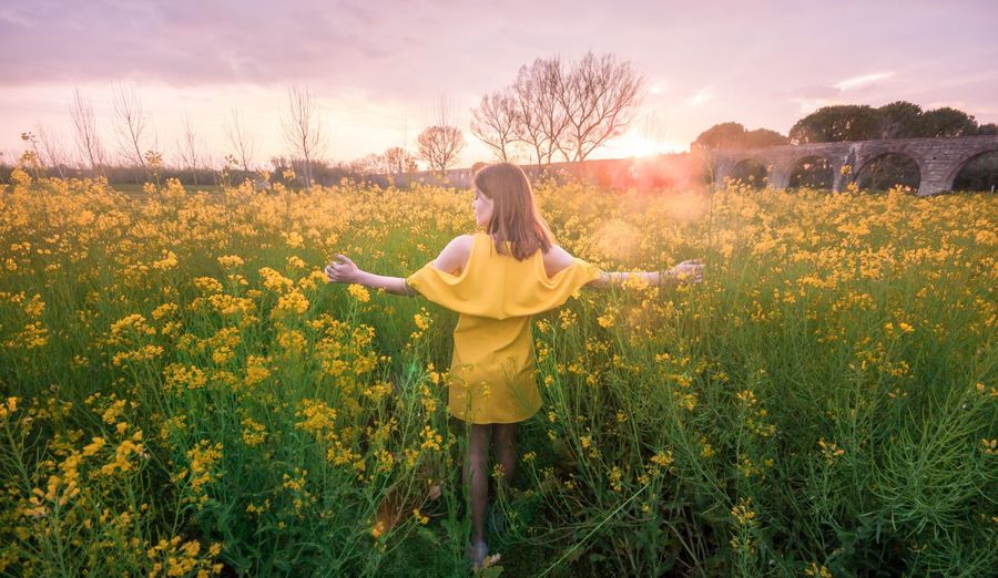 Girl in flowers field during sunset