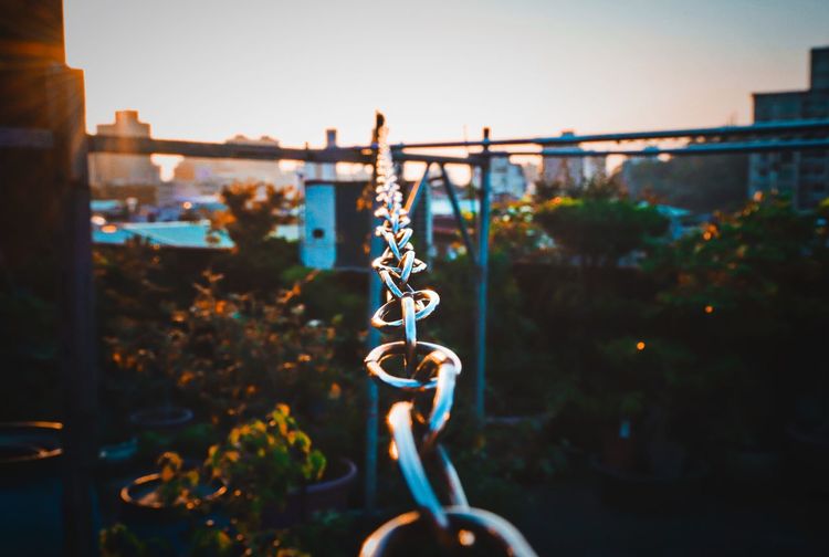 Close-up of chain hanging against clear sky at sunset