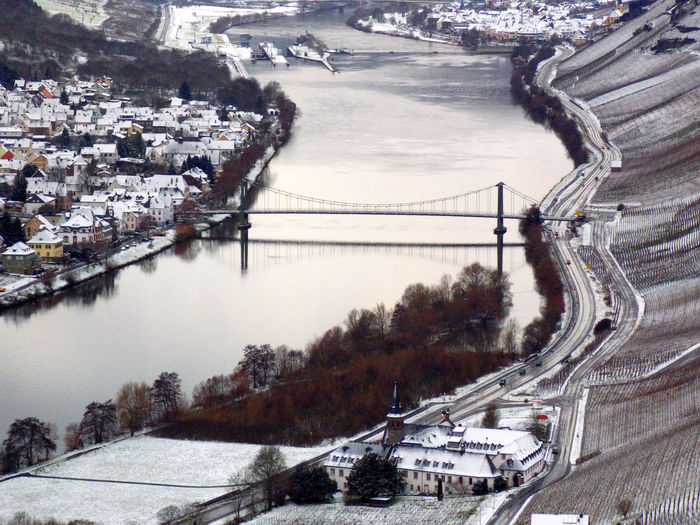 High angle view of bridge in city during winter