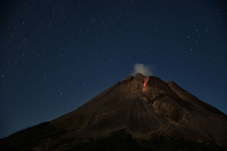 Mount merapi erupts with high intensity at night during a full moon