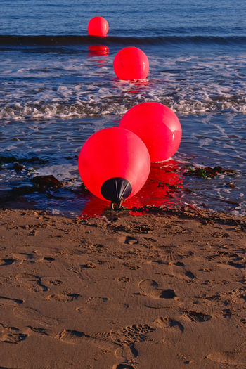Red balloons flying over beach