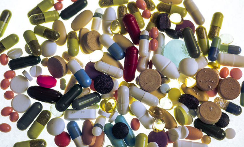 Pharmaceutical different multicolored tablets, capsules, therapy drugs and pills