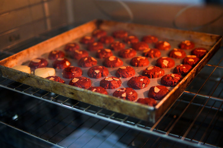 Red velvet cookies baked in an oven