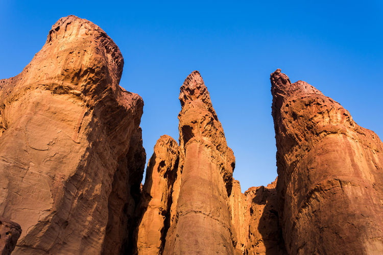 Low angle view of rock formation against clear blue sky