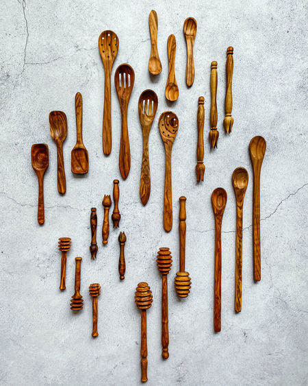 Handmade wooden kitchen utensils made from olive wood in crete