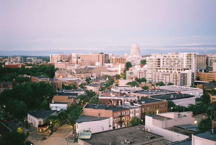Downtown dusk cityscape in madison wisconsin shot on 35mm film. 