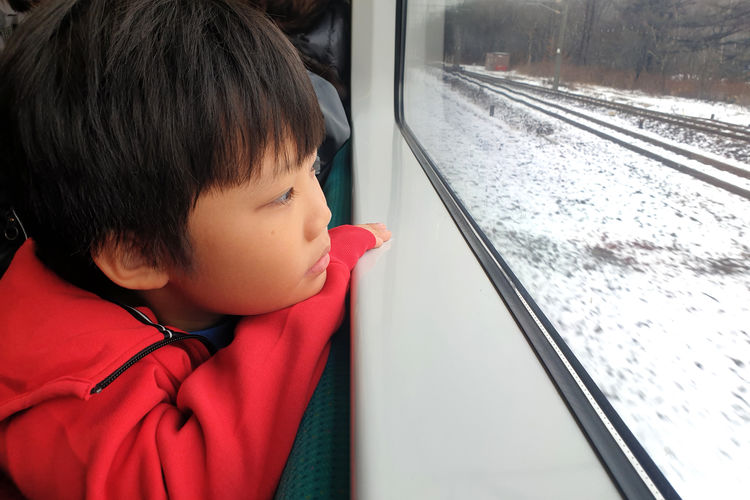 Rear view of boy looking through train window