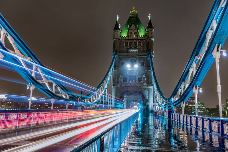Light trails on bridge at night