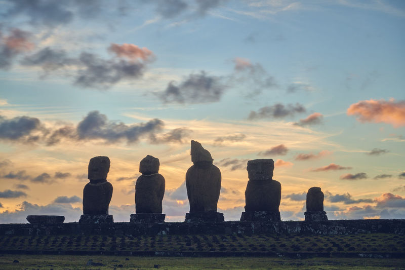 Silhouette of moai statues at sunset on easter island