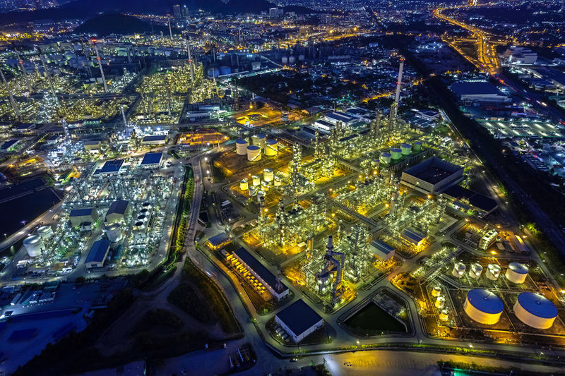 Aerial view of the oil and gas industry - oil refineries, shot from drone, oil refineries.