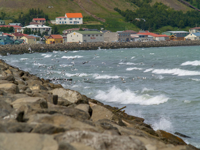 Scenic view of sea by buildings