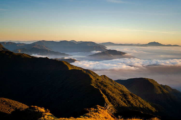 Scenic view of the sea of clouds at the summit of mount pulag national park, benguet, philippines.