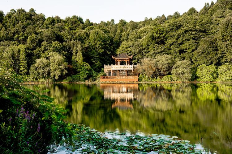 Scenic view of temple by a lake