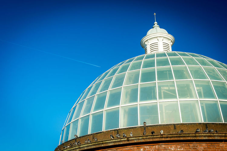 Pigeons surrounding the glass dome above the greenwich foot tunnel in london. with a plane contrail