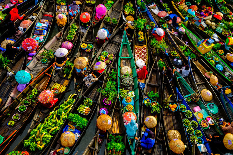 High angle view of multi colored boats in market