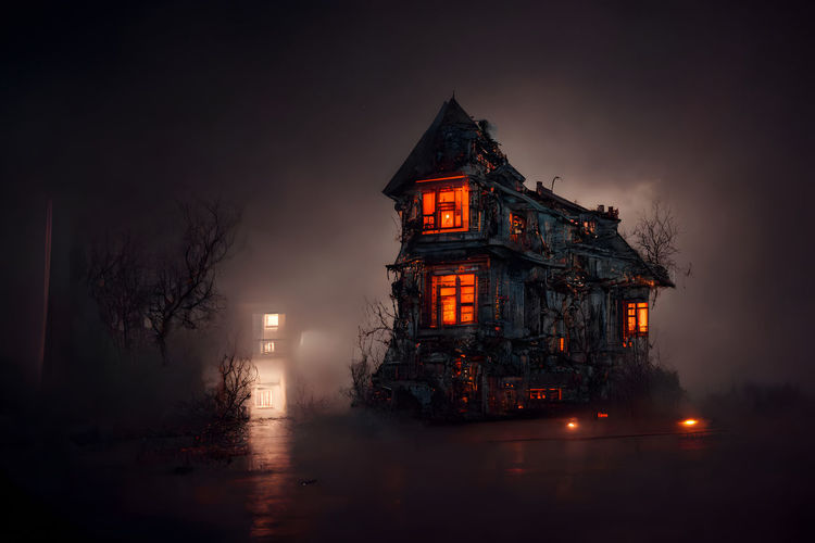 Dark haunted house with illuminated windows at spooky misty dark halloween night, neural network