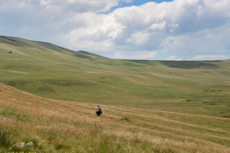Rear view of person riding horse on hill against cloudy sky