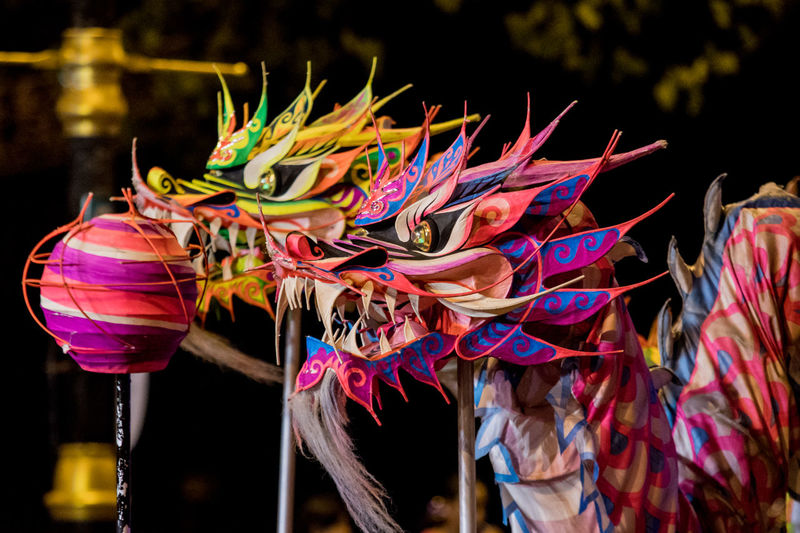 Close-up of multi colored chinese dragons
