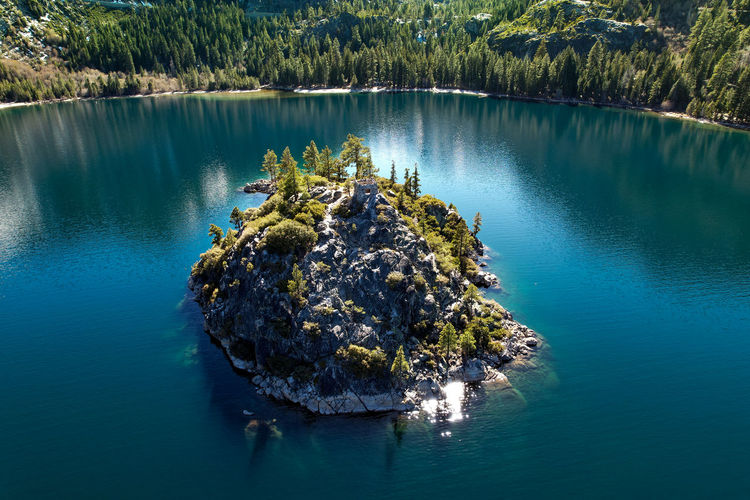 Aerial view of the island in the emerald bay