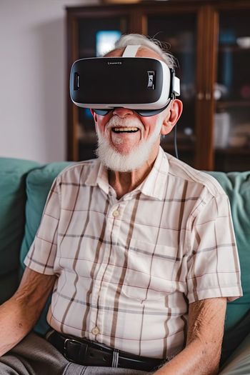 Grandfather playing exciting video games using virtual reality headsets at home.ai generated
