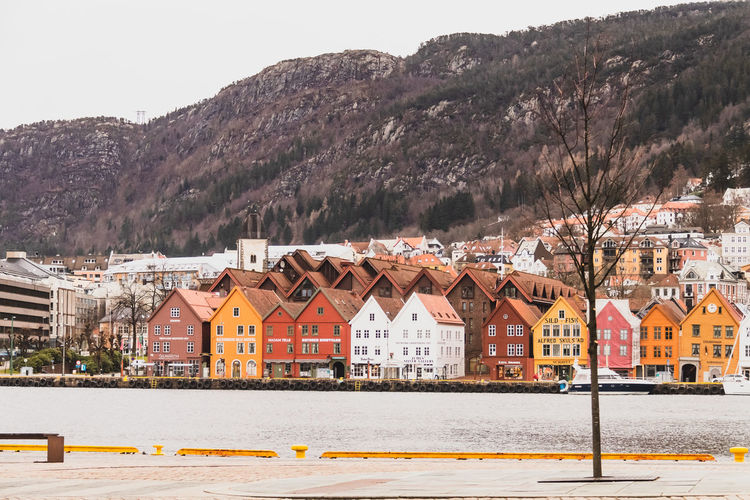 Houses by street in town against sky