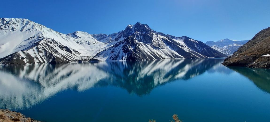 Panoramic view of snowcapped mountains against clear blue sky