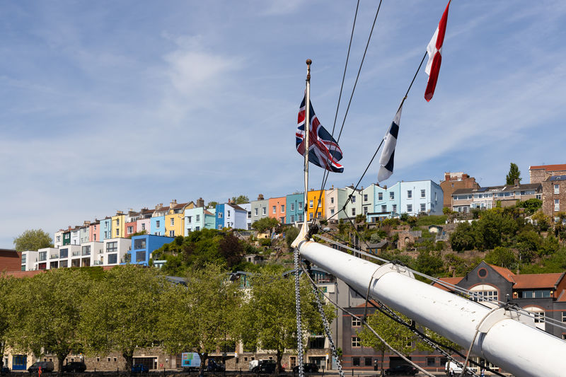 View of colourful buildings from the ss great britain in dry dock in bristol on may 14, 2019
