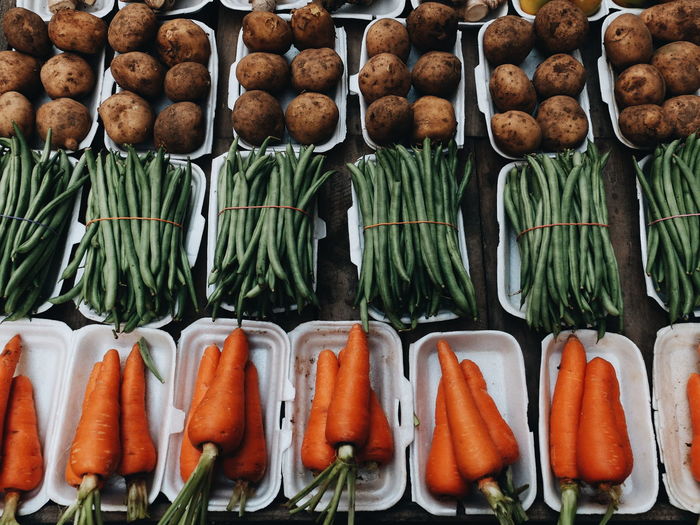 Full frame shot of carrots, potatoes, and green beans for sale