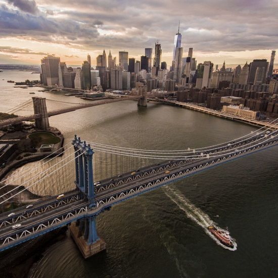 View of suspension bridge in city