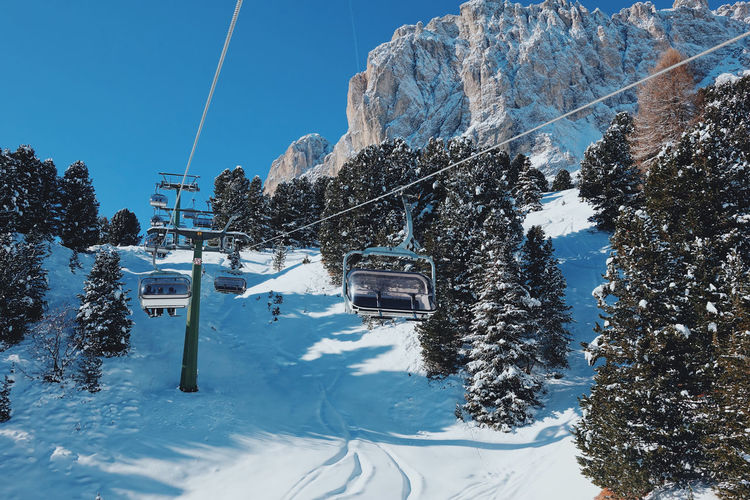 Close-up of ski lift against sky during winter
