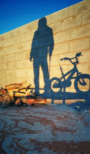 Shadow of man on bicycle against wall
