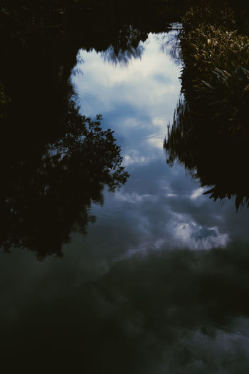 Reflection of silhouette trees in lake against sky