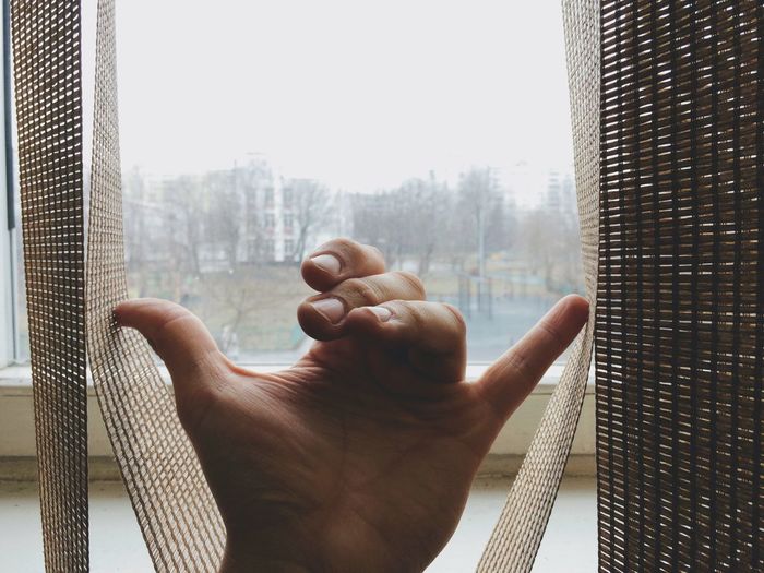 Cropped hand doing shaka sign against window at home