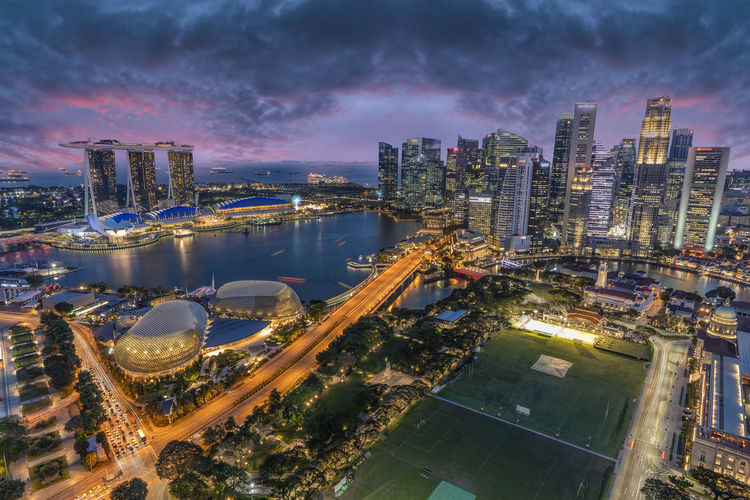 Amazing twilight view of marina bay sands, singapore from aerial