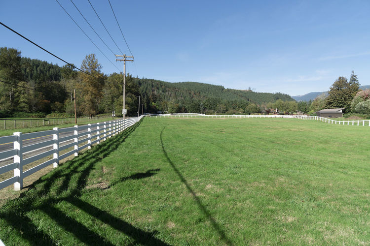 A horse pasture with a white fence under utility power lines in the countryside.