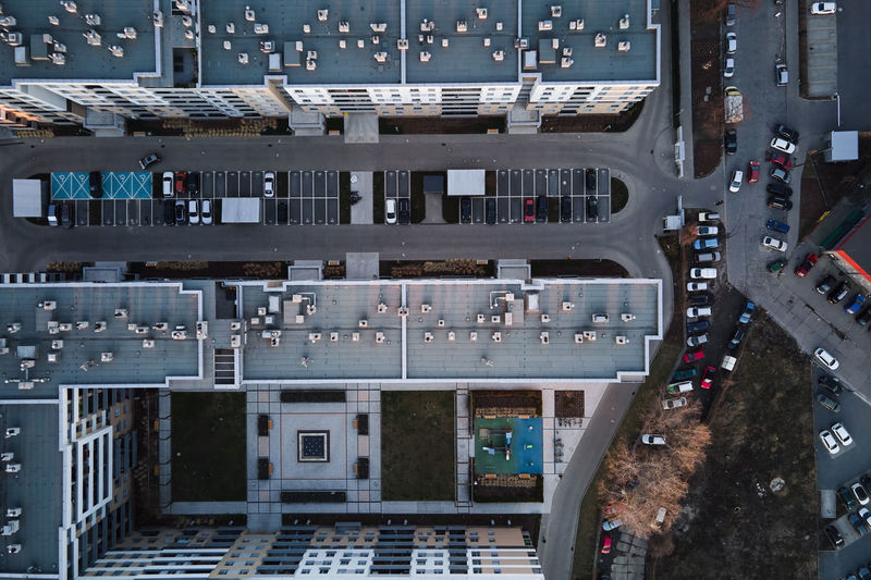 Residential building with parked cars