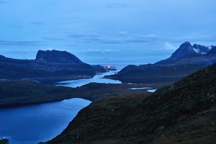 Scenic view of sea and mountains against sky