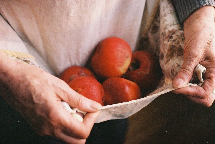 Low section of man holding fruit