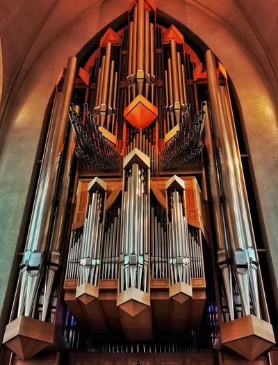 Hallgrimskirkja, reykjavik. church organ at sunset. musical instrument 