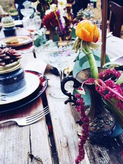 High angle view of flower vase on dinning table