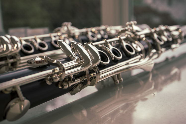 Close-up of clarinet on table