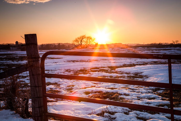 Snow covered field at sunset