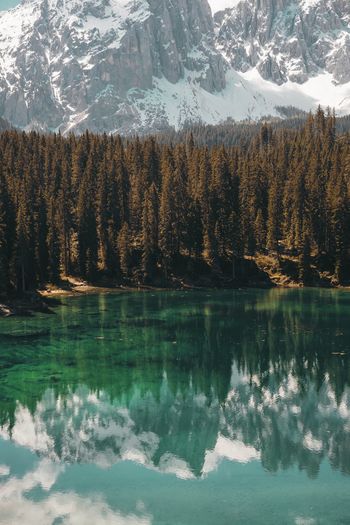 Scenic view of lake by snowcapped mountains