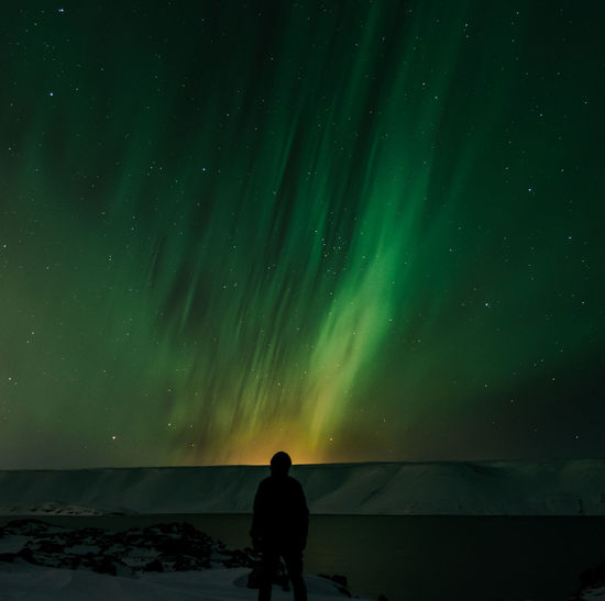 Rear view of silhouette man standing against aurora borealis at night during winter