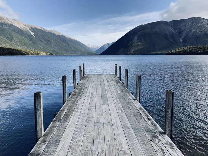 Pier over lake against mountains