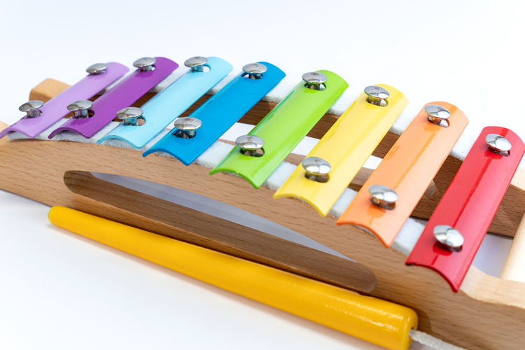 Close-up of multi colored clothespins on white background
