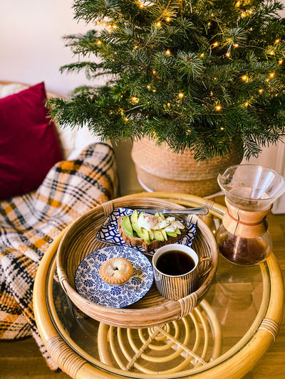 High angle view of christmas tree on table