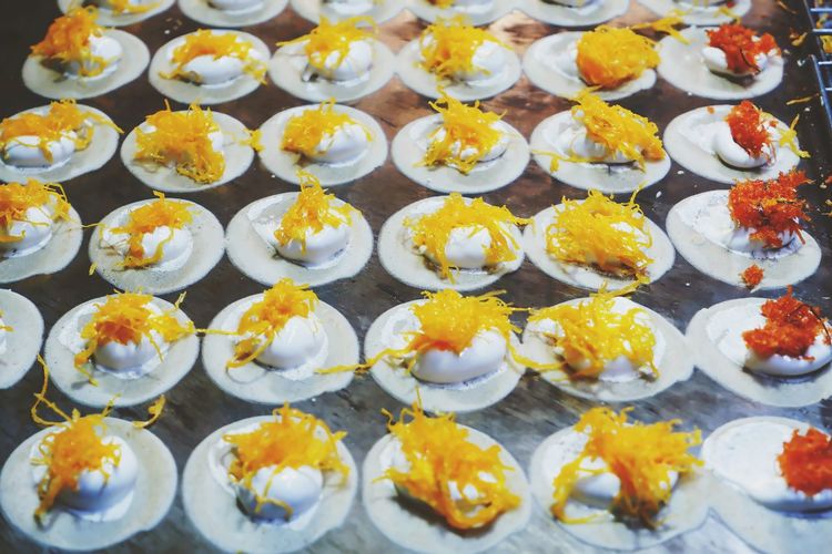 High angle view of ice cream for sale in market, thai pancake